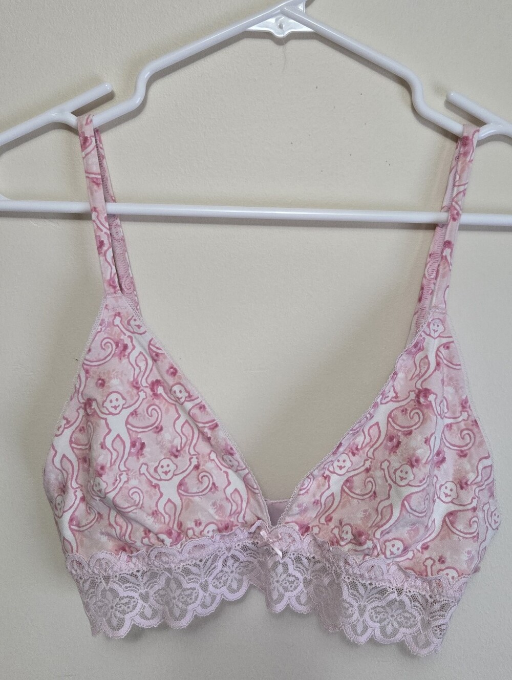 ROLLER RABBIT MERCER  TRIANGLE BRA BRALETTE PINK MONKEY ROSETTE WOMEN LARGE LACE